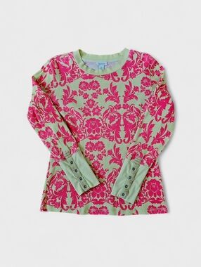 Sundance Ribbed Floral Boho Long Sleeve Top in Pink & Mint Green, Size PM